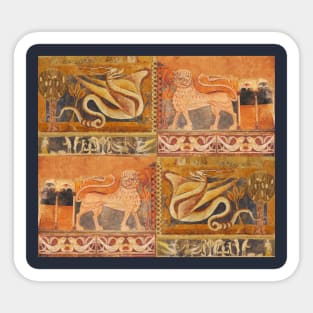 LION AND DRAGON Medieval Fresco in Yellow Orange Sticker